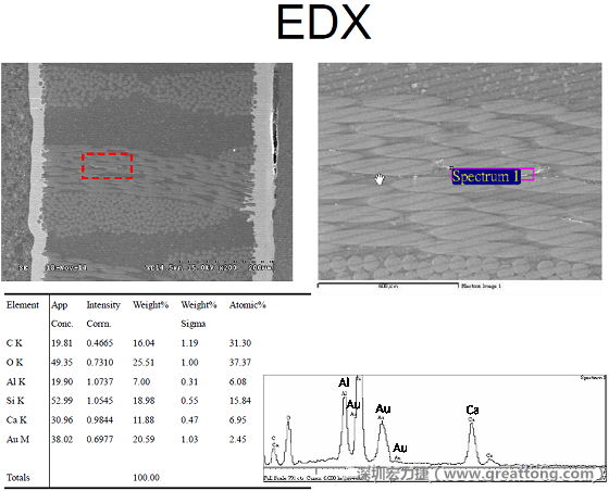 ACF(Conductive Anodic Filament，導墊性細絲物，陽極性玻璃纖維絲漏電現象)。用EDX打出來Au(金)的元素介于通孔與盲孔之間第一個位置。