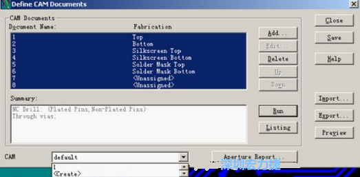 回到Dsfine CAM Documents窗口 ,將所有須輸出的文件用鼠標(biāo)拉住選擇,按Run輸出,默認(rèn)輸出路徑是安裝目錄的\CAM\default,也可按CAM的Create更改