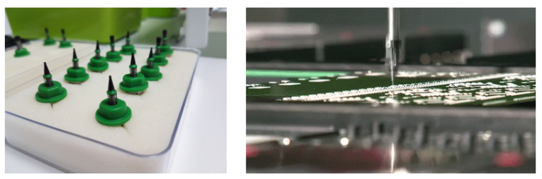 用來吸取零件的小吸盤（左），自動機械臂將零件迅速向下扔（右）