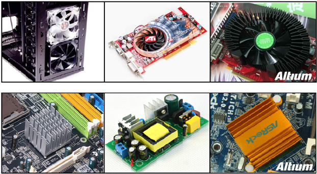 承載大電流的電路中功耗損失所產(chǎn)生的熱量應(yīng)梳離發(fā)熱器件以對(duì)抗溫升。大家都可能熟悉電腦處理器上使用的風(fēng)扇和散熱片。